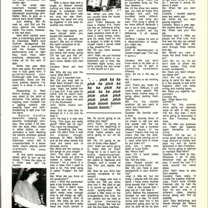 Article on band Walt Mink, The Mac Weekly, March 16, 1990